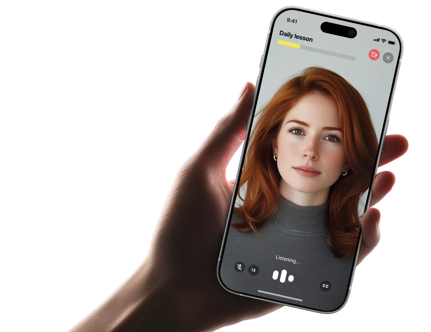 Hand holding a mobile phone displaying the Loora App Avatar Chat